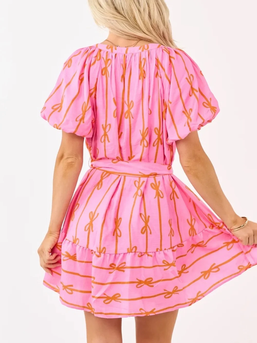 NWT Umgee Bow Print Mini Dress w/ Tie Waist - Picture 2 of 10